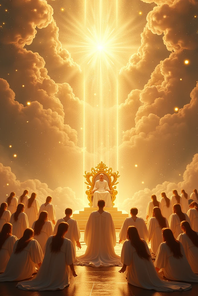 Image of heaven with several angels worshiping God on his throne