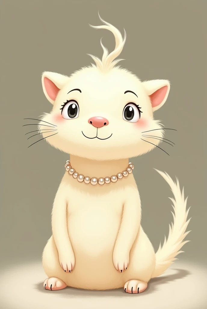 Create a Moomin OC that's an ivory cream colored ferret-like feline creature wearing a pearl necklace. She had two large cheeked fur that almost took a portion of her face; that look soft as cotton. It curled upwards like hair. Her eyes were large, but her black irises were slightly as big as her eyes. Her build alone appeared similar to someone Snufkin knows, Sniff himself; yet her body appeared slender and very feminine compared to Sniff. However, her nose is very small and had a pink tint at the tip of it. She had two lightly dark brown arched eyebrows that looked like she had a pompous appearance. Her large long ears stuck upwards above the middle of her head. Appearing similar to Serval cat ears, but more closely together. Her body was entirely covered in fur. Her small claws rested upon her lap. Her long scraggly ferret-like tail stuck upwards as the end of the tail bent oddly.