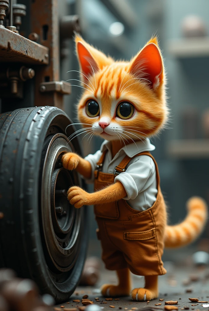 Cute close-up of an orange cat fixing a car., In the factory, complicated details, ((The crafty cat)) ,Two-legged standing,white shirt, Standing on two legs,Intention,Work clothes,แมวใส่Work clothes