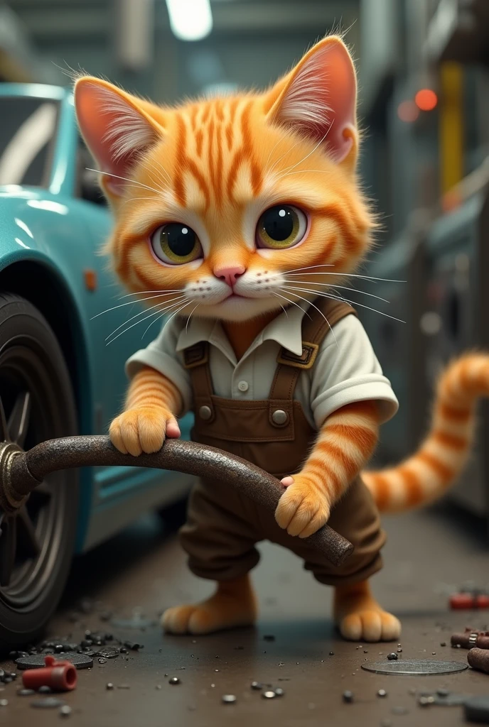 Cute close-up of an orange cat fixing a car., In the factory, complicated details, ((The crafty cat)) ,Two-legged standing,white shirt, Standing on two legs,Intention,Work clothes,แมวใส่Work clothes