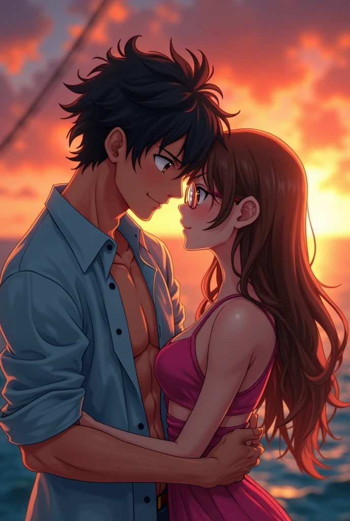 1 girl, wano style, smile tenderly, nicorobin, long straight loose hair, with glasses, look at the viewer, Pink strappy blouse with neckline, young, sexy, Upper part of the body, hugging 1 boy, high, strong muscular, young, wano style, Monkey D Luffy, very curly hair, short hair, look at the viewer, smile tenderly, Brown eyes, Upper part of the body, light blue shirt, hugging the girl, ((masterpiece)), (Best Quality), (extremely detailed), depth of field, Sketch, Intensive dark shadows, Sharp focus quality, HdR, showy, Good composition, spectacular, anime screenshots, depth of field, pirate ship bottom, sunset at sea, one piece. 