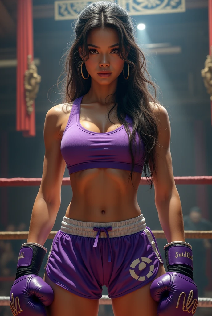 A woman muay thai athlete, with long hair, with purple shorts and boxing gloves.