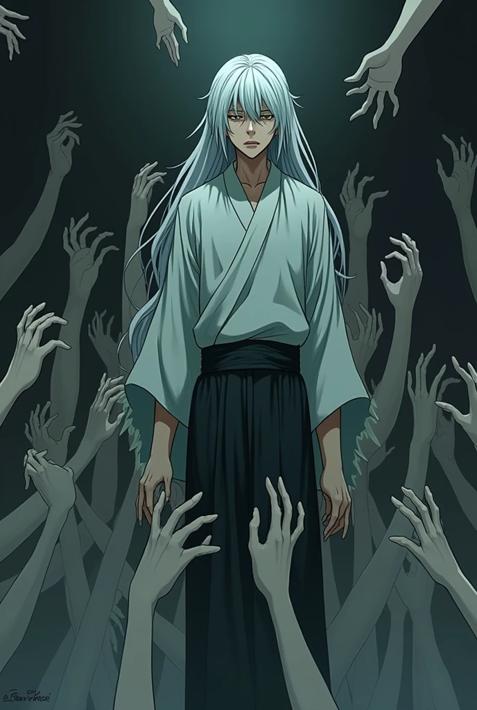 Anime Man with long white hair, is groped by many hands 