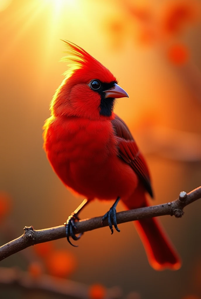 Fascinating close-up portrait of a beautiful little bird in soft light, Golden light of a quiet morning, The vibrant bokeh balls gently frame the delicate shape.. , The little bird is a beautiful, fiery red.., Extremely realistic photos, Beautifully luminous wings,