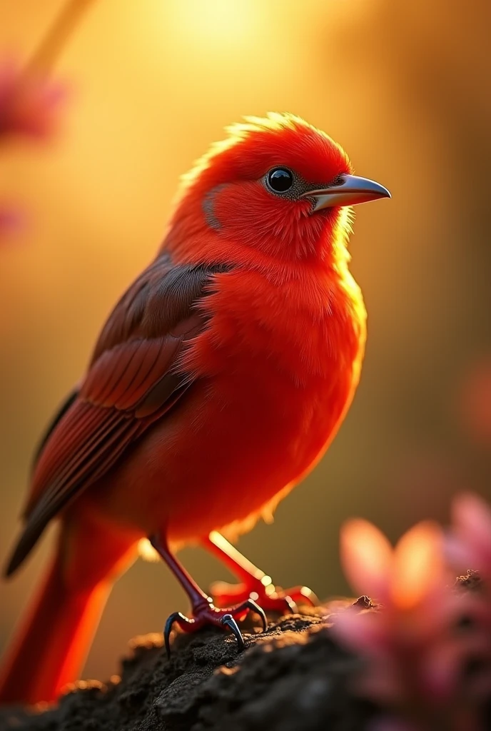 Fascinating close-up portrait of a beautiful little bird in soft light, Golden light of a quiet morning, The vibrant bokeh balls gently frame the delicate shape.. , The little bird is a beautiful, fiery red.., Extremely realistic photos, Beautifully luminous wings,
