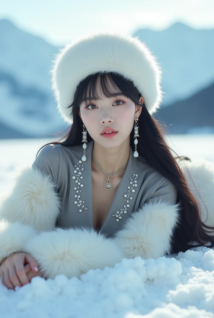 a Korean woman with long black thin hair with bangs, she is wearing a white fur hat and laying in the snow, studio snow mountains in background, appearance like kpop, gray top with suspending diamonds, gray foil on top of white fur skirt, white furry boots, tiffany jewels, top laced with rhinestones, ice queen, pale snow, furry white earrings, chanel golden bracelet, high detail, 8k,korean girl, prominent features of her face like (idol) kpop, profesional photo