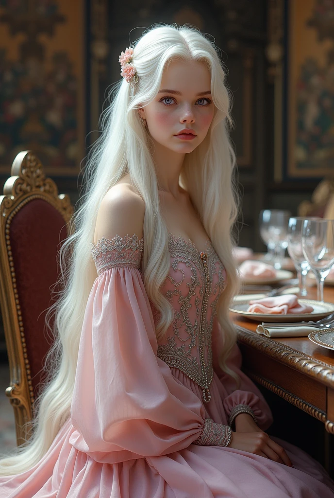 Make the image more realistic 
Make a young girl , she has long white hair and purple eyes, she has pale white skin, delicate features,she is very beautiful 
she is in a medieval dining room, middle ages, she is wearing a beautiful long pink dress with silver details, a more formal dress 