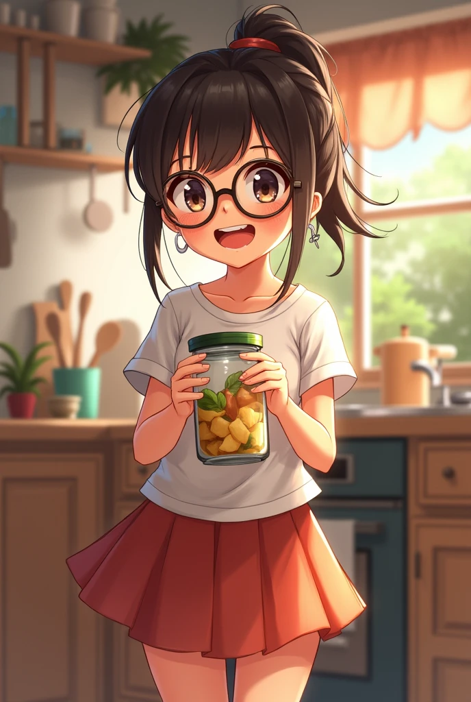 A town young big girl with specs and tied hair in a ponytail wearing tshirt and mini skirt. She hold a jar in kitchen