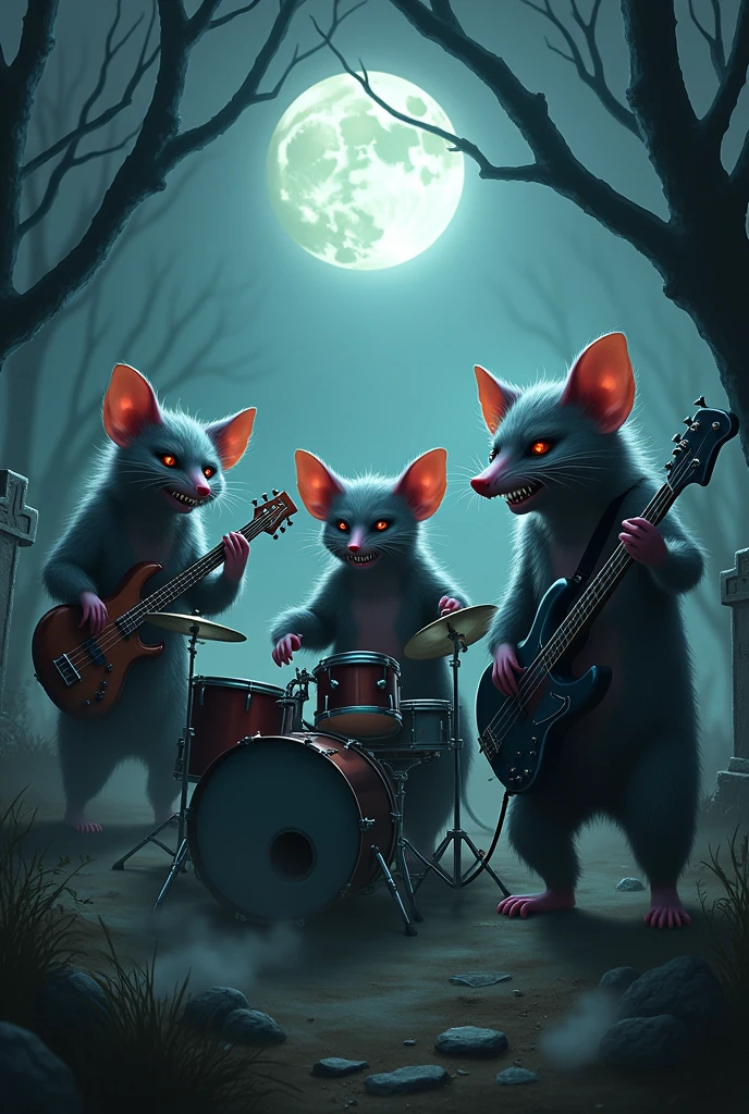 3 evil possums playing in the cemetery, one the bass, another the electric guitar and one the drums with the moon in the background