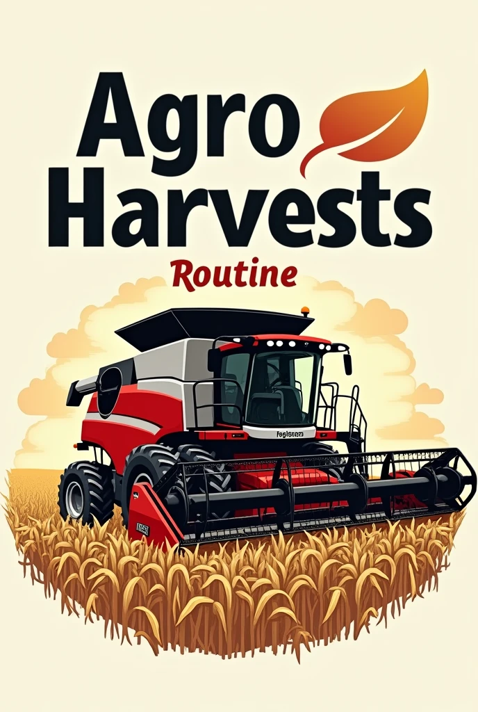 Create a logo with writing: Agro Harvests Routine and a Massey Ferguson combine harvesting dry soybeans