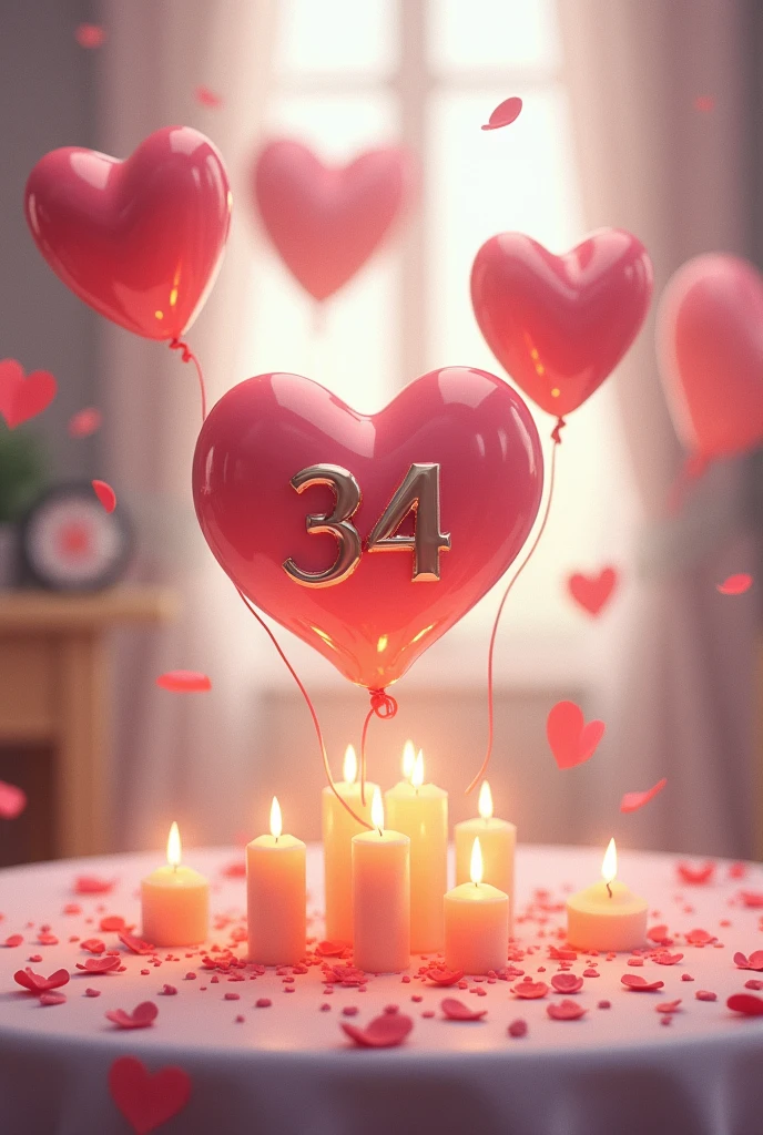 Create a beautiful picture with a heart, ballons, candles, 34, gino
