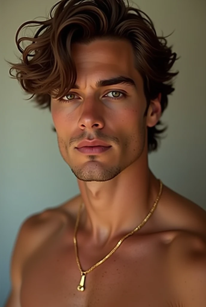 Beautiful handsome man with wavy hair to ssmooth hair in browns warmer side and sharp features and is wearing minimal gold jewelert like a bangle or a super simple chain shirtless trying to make eye contact