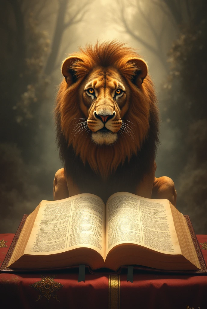 The Bible accompanied by the Lion of Judah and a verse from the Bible