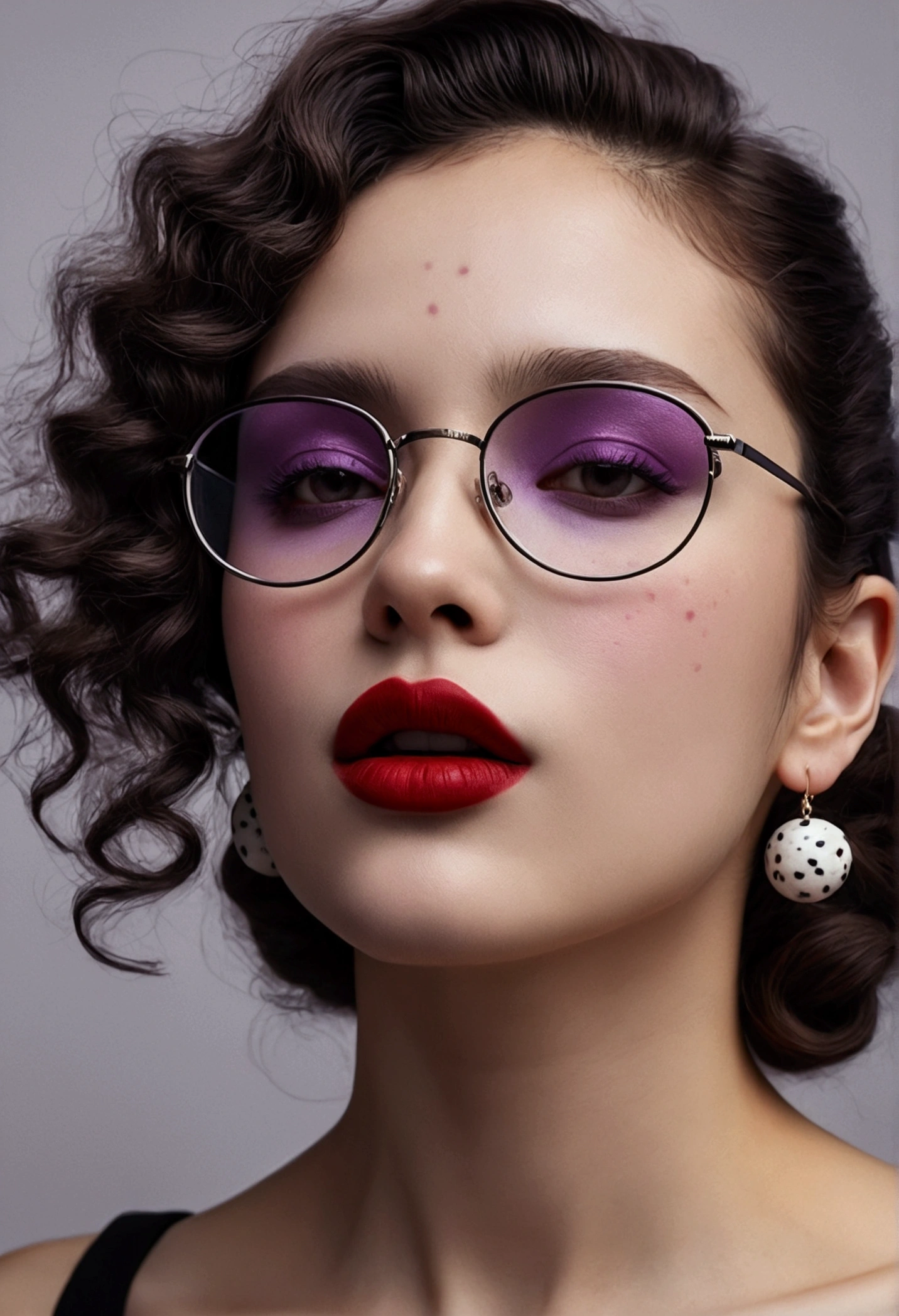 slightly curly hair, rimless glasses, small spots under the corners of the mouth, / lilac note earrings, mouth slightly closed, Red lips, Surrealism, High detail, strong chiaroscuro, film graininess, panorama, ultra high definition, necessary, textured skin.