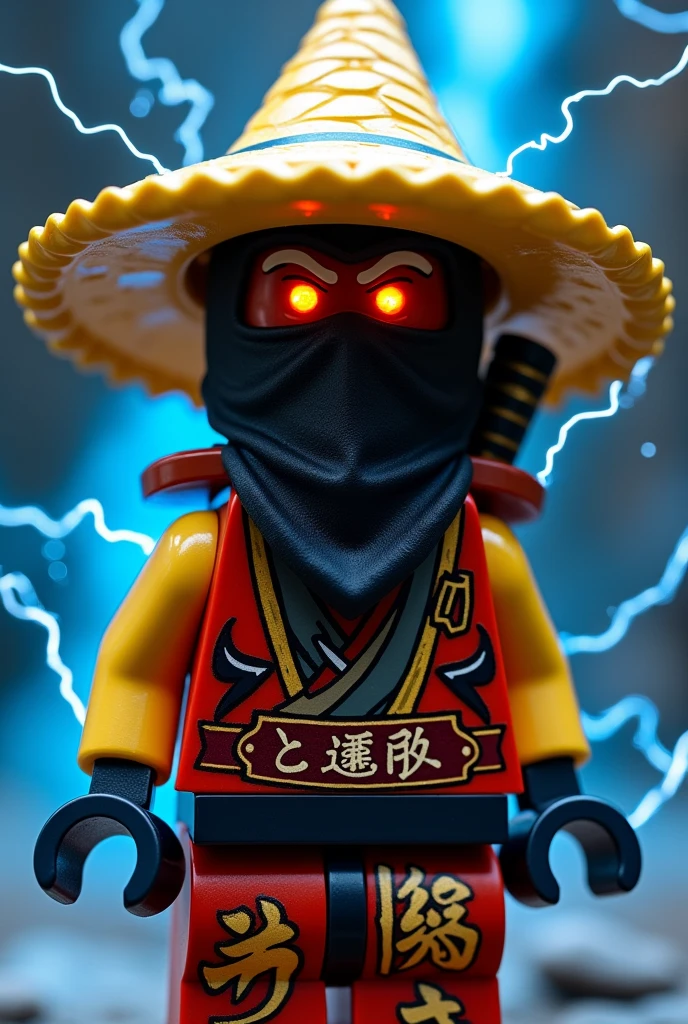 Créer moi un lego ninja go en lego le premier maitre du spijisufuturiste de la dernière puissance dimensionaire un ninja avec un chapeau de paille pointu en jaune sur la tête noir et un masque de couleur noir profond, gris, bleu clair sur la tête et un petit bandeau en forme de rond noir profond autour de la bouche, avec une peau sombre noir et il faut des traces d’électricité jaune et bleu foncé dans le visage et un regard terrible de noirceur avec des yeux ridé en rouge fonce profond brillant avec une puissance incroyable avec comme puissance élémentaire l’électrique, l’énergie, la terre, le feu, la glace. Les habits du ninja doit être en rouge anthracite, jaune clair et golden suprême et fer anthracite avec des reure en forme d’électricité bleu clair et jaune brillant et des écritures japonaises et le parchemin du spinjisu interdit ninjago en golden. Un ninja imbattable monstrueux beaucoup trop puissant qui contrôle tous les pouvoirs élémentaires. Le ninjadoit être destructeur et soif de victoire un gentil et mechant avec un sabre dans le dos