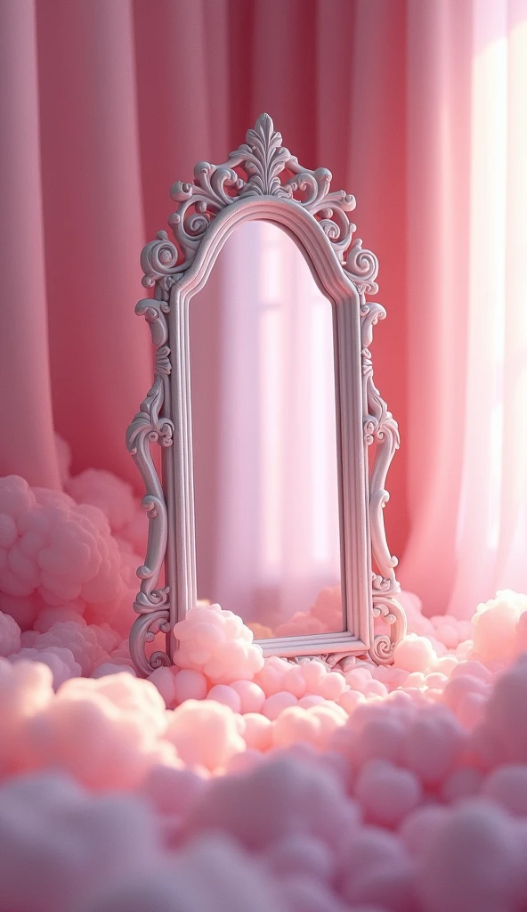 Imagine a vertical m
irror with pink lighting and decoration in a dream room but in front view and nothing in front of mirror