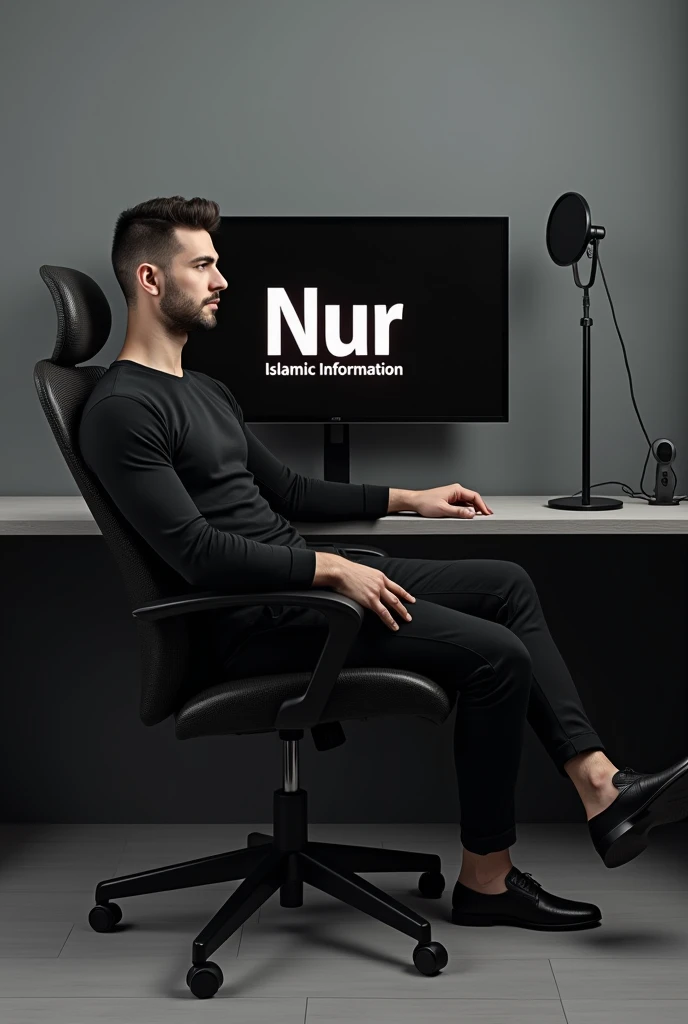 "a twenty years old beautiful pakistani boy, sits on a black chair straight with yellow accent wearing modern black outfit with color matching shoes .behind him is a desk with computer monitor displaying the "Nur Islamic information" in large bold letters. the room has a modern design with grey wall and floor.theres a mic stand with mic setup adjusted near the face of boy".