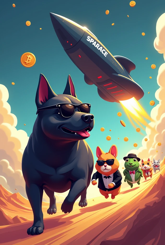 I want to make a meme symbolizing the competition between crypto- currencies and airdrops . There is meme coin, pixels, memfi, cats, goats, frogs, hamster combat , tonix and dogs . Now there is Space arena that I want it to be the one going fast than the others . Use their logos to make this meme. The dog should be behind all the others an look big with black sunglasses then a hamster with a black suit sunglasses and a hat next to dog and then you can have gold coins falling in airdrop bags from the ship as it goes up leaving dust on the ground . Make the dog big and black. The spaceship cute dark blue colour and write the name SPAAACE on it . Let the animals run make the hamster bigger than the cat .