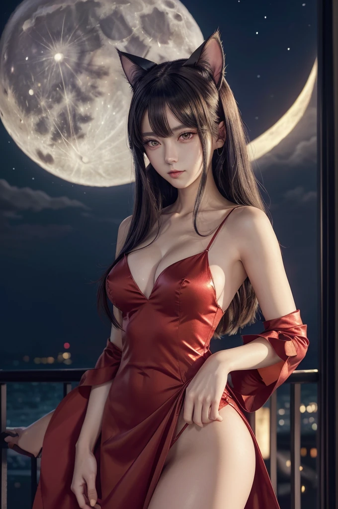 [((A woman with cat ears and a red dress is posing in front of a full moon. The image is rendered in an extremely detailed and seductive anime style, inspired by the works of Artgerm, Alena Aenami, and Ryuko Matoi. The woman has an alluring and beautiful appearance, with a focus on her cat ears, red dress, and the full moon in the background. The overall effect is that of a stunning and captivating anime illustration, with a sense of beauty and seduction.)))]