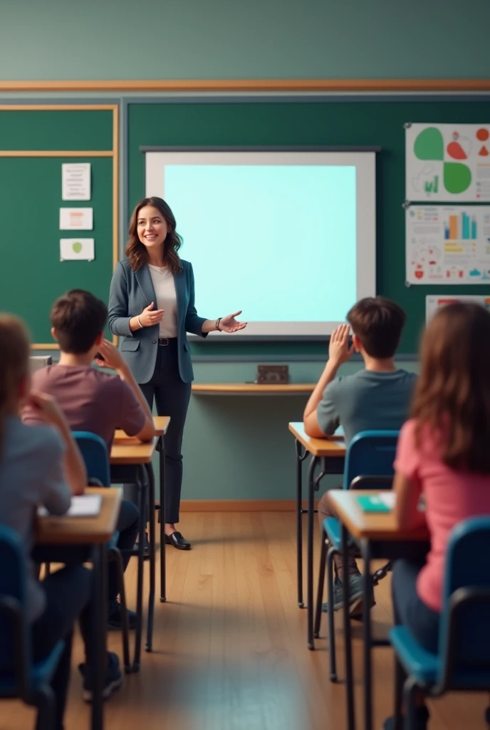 Woman presenting with a screen in the middle of the image and in front of her teenagers sitting at desks in a classroom