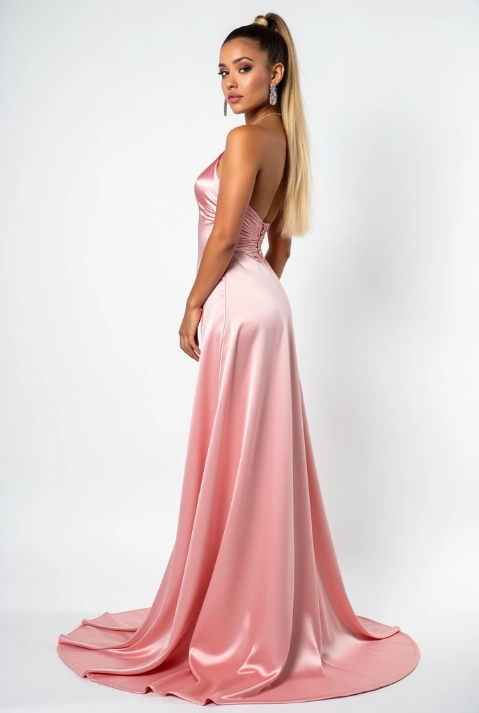 Ariana 2020, posing on a white background, wearing a very elegant and long pink dress, ponytail, blonde hair with brown roots, blonde bangs, full body
