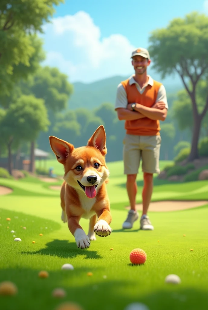 a dog is playing whit ball ,in golf ground ,with his owner  