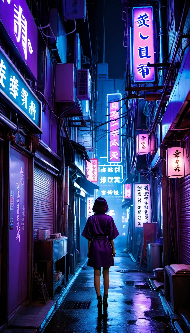 City alley, cyberpunk, details in purple, details in blue, neon, neon signs, Japanese women, light steam, at night, dim lighting, remoteness