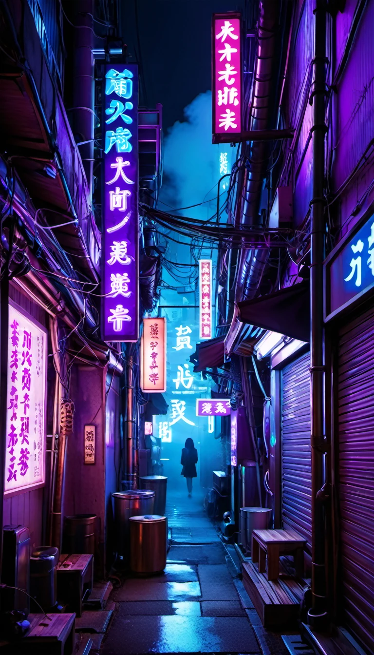 City alley, cyberpunk, details in purple, details in blue, neon, neon signs, Japanese women, light steam, at night, dim lighting, remoteness 