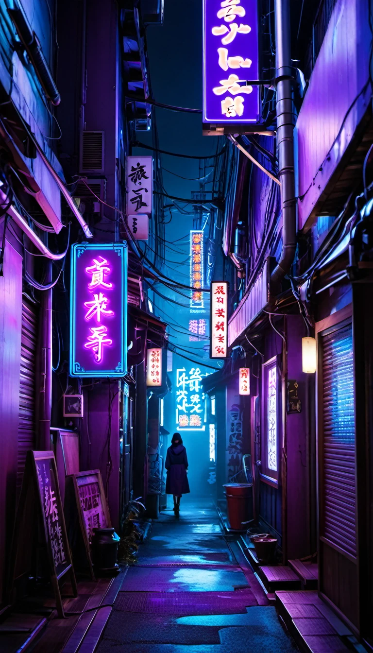 City alley, cyberpunk, details in purple, details in blue, neon, neon signs, Japanese women, light steam, at night, dim lighting, remoteness 