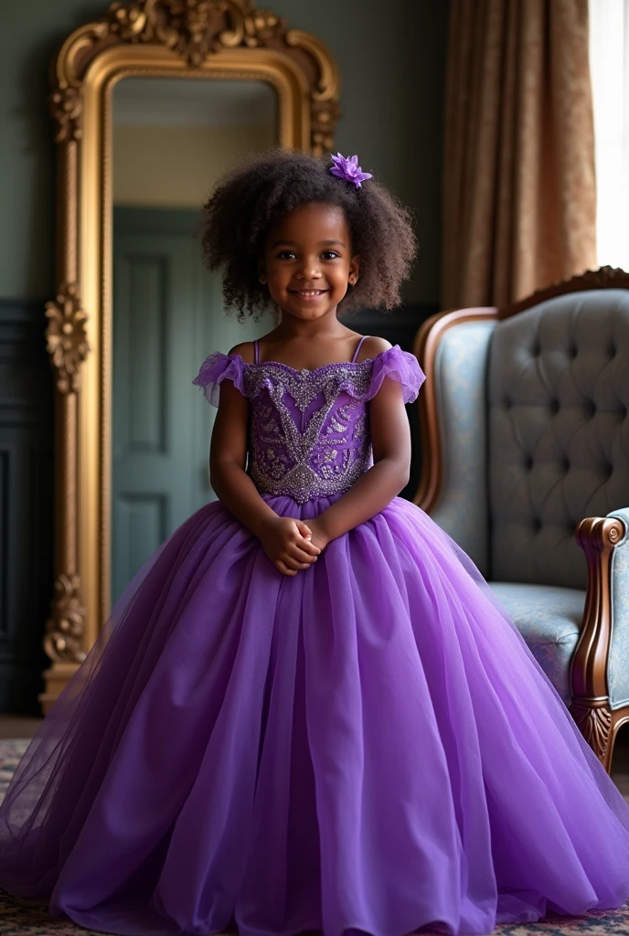 real life picture of an ebony 4yrs baby girl wearing a beautiful purple ball gown and standing near a mirror a chair