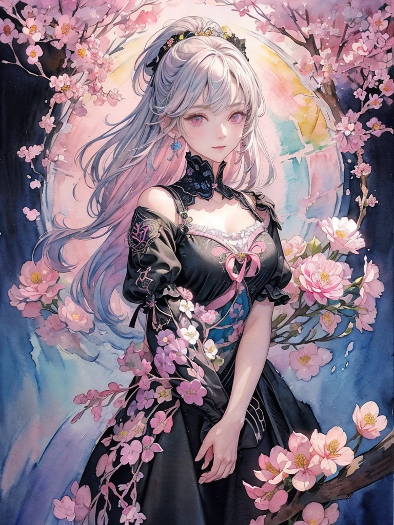 Best Photos、An illustration、detailed、(Watercolor:1.4)、(Hand-drawn:1.2)、(Watercolor brush bristles)、 masterpiece: 1.7, Highest quality、solo、Show me your back、Picturesque、sketch、Paper Texture、Ultra-high resolution、extra detailedd face、Highly detailedd eyes、Flat Color、Limited palette、High Contrast、Realisticな、Best lighting、goddess、elegant、Leprechaun、Mature Woman、Beautiful woman、Jewel Eyes、Gray Hair、Straight hair、Blue Gem、Smile a little、Blanche:1.5、(Tangleた、And Mandalas、Tangle、Intertwined:1)、Background Flowers、Lots of flowers、(((Stickers))), Exquisite detail, Highest qualityの8K解像度, 非常にdetailedな, Realistic, Vibrant colors, Soft tones, Warm and gentle lighting, (Beautiful Gothic Black Dress, Cute pink ribbon, Beautiful frills:1.2),(Sleek and straight pink hair:1.2),(Hair parted in the middle:1.2),(Shiny Hair),(Pink Eyes:1.3),Garden Girl,With overflowing softness and kindness,Visible and tangible emotions,(The promenade is full of flowers:1.3), Create colorful reflections.The sun shines with joy and pure love, Casts a warm golden glow on the girl's face,Freed from the troubles of this world. The atmosphere is full of happiness and laughter, It's like heaven、As if celebrating love,デジタルAn illustrationと写真を組み合わせて作成する, 超高精細な描写とVibrant colorsにこだわる. A style that combines romanticism and realism、You can feel the depth of love. The color palette consists of soft pastel tones., Creates a dreamy and fantastical atmosphere. The lighting is soft and diffuse, Put a gentle light on your face,この作品はmasterpieceだ,