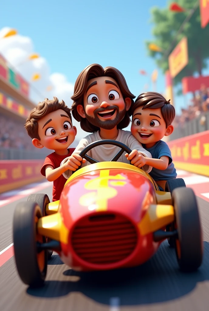 A Disney Pixar style image with Jesus and 3 kids in a car on a race track. Jesus must be driving the car, the steering wheel must be clearly visible. Make Jesus cuter and happier. Make Jesus&#39; eyes more cute and looking forward. 
