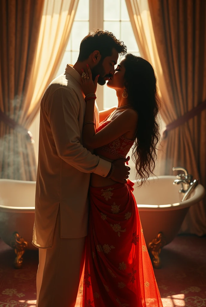An indian hot girl kissing her husband wearing leggings and kurti in indian hotel hot bathing