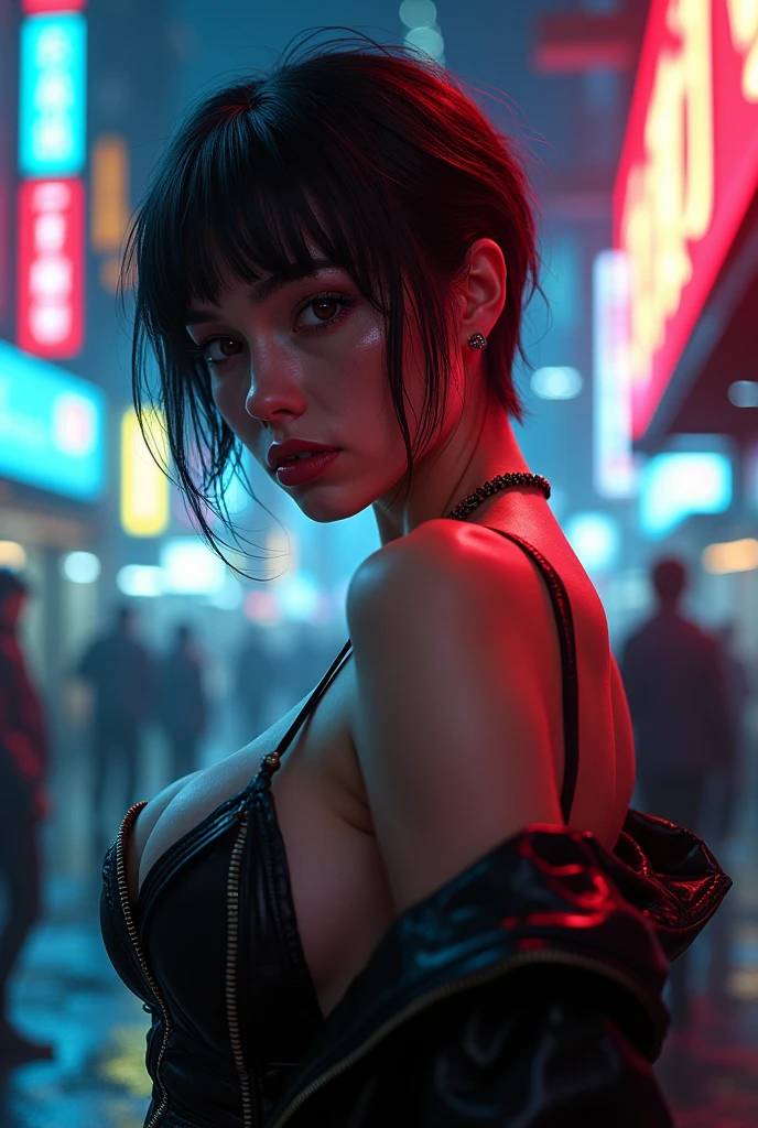 cyberpunk girl, short hairs, curvy figure, downblouse and cleavage, sweaty body, beautiful detailed eyes, beautiful detailed lips, extremely detailed eyes and face, long eyelashes, intricate futuristic cyberpunk cityscape, neon lights, cinematic lighting, dramatic shadows, high contrast, vibrant colors, photorealistic, 8k, best quality, masterpiece