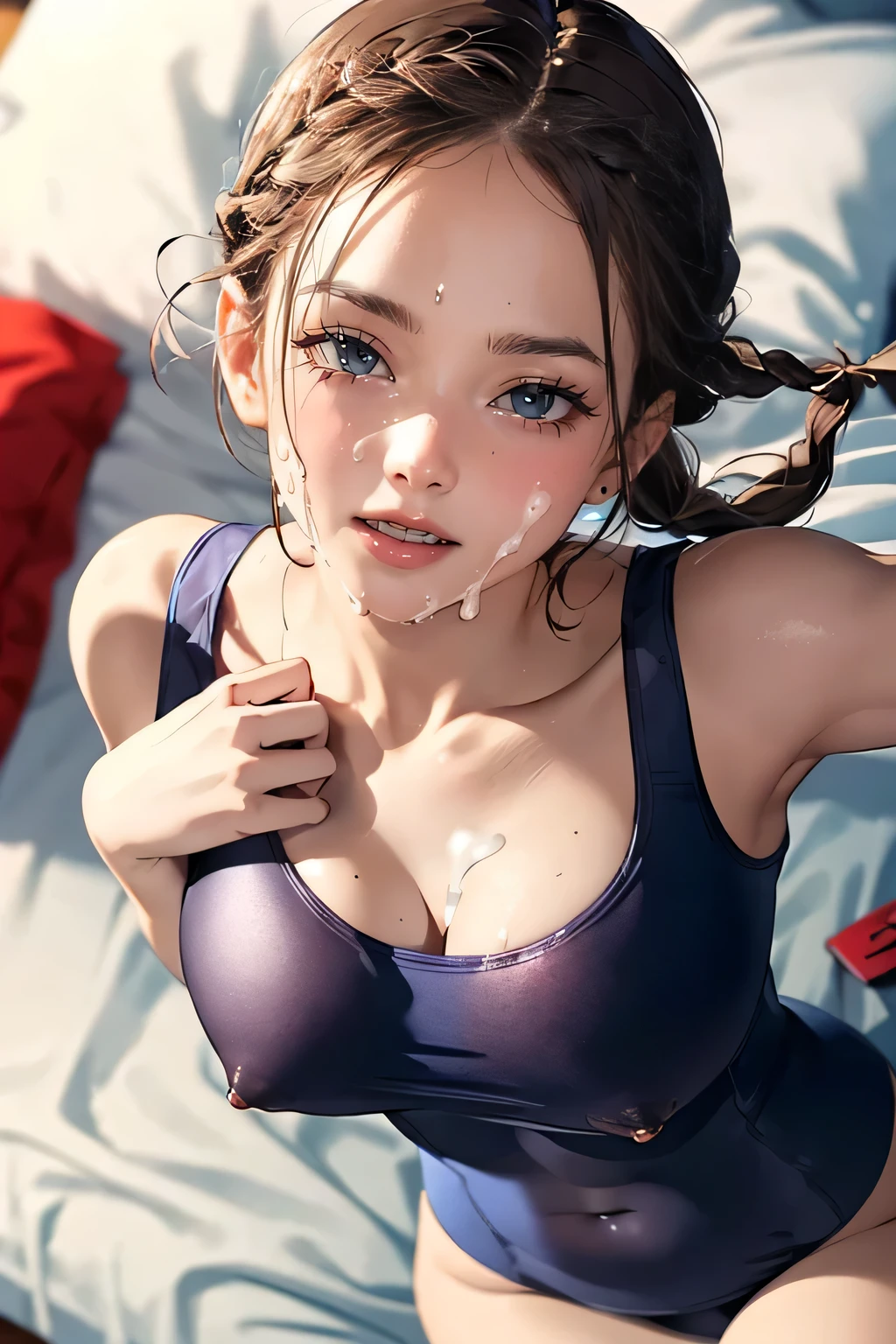 Browsing Caution、Highest quality、8k、masterpiece、Hmph、Ultra-high resolution、RAW Photos、(Realistic:1.3)、Natural soft light、(Written Boundary Depth)、thin、(whole body:1.2)、Detailed face and eyes、Realisticな、Sharp pupils、Inside the warehouse、(Dynamic action poses)、Young Face、A beautiful woman、Glowing Skin、(Braid:1.2)、Beautiful brown hair、Red eyes、(Redhead:0.7)、((Wide open mouth:1.2)), ((Sticking out tongue:1.4)), (((White liquid overflowing from the mouth:1.2))), (((A large amount of fell on my chest:1.2))), ((Embarrassed face:1.2、Redness:1.8)))、Crying face:1.5、Sweat、(School Swimsuit:1.8)、(Thigh thigh thigh thigh:0.8)(Huge breasts、、(((Top view:1.4))))、(Erect nipples:1.4)、(Small Nose、Small Nose)、circle(vagina、1.5、Competent people)))、Attractive waist、(((bed、(bed:1.5)、