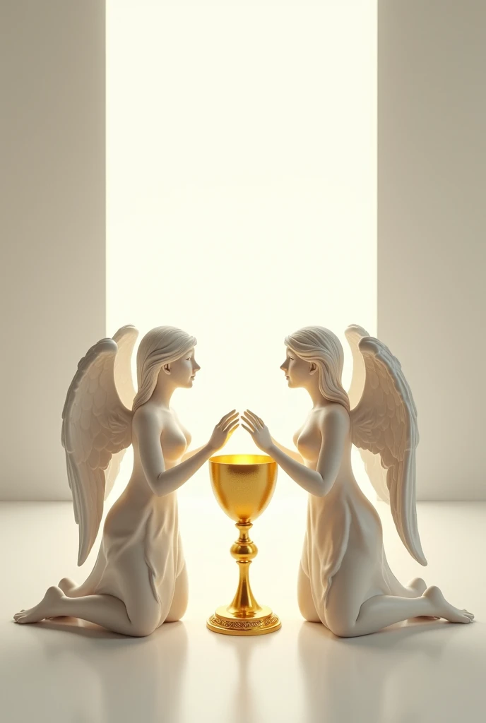 Two angels similar to archangels on their knees guard the chalice and a golden host on a white background
