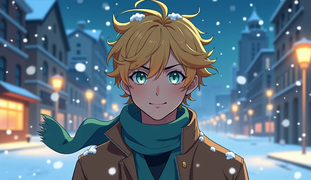 Young man, , with golden pastel blonde hair, skin fair, blue-green heterochromia in the eyes, one eye of each color, crystal blue left eye and aqua green right eye, medium hair flying to the side, messy bangs flying to the side, coat and scarf flying, snow on the street and on clothes, snowy city in the background, stary night, strong wind making clothes and hair fly in the same direction, slightly happy expression, surprise and calm, close no rosto, front angle, 2D Anime.