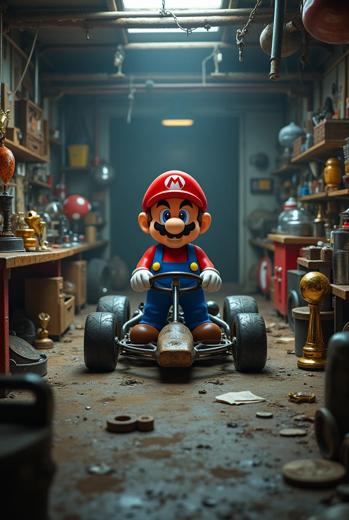 A alone Mario Kart stands in a Garage