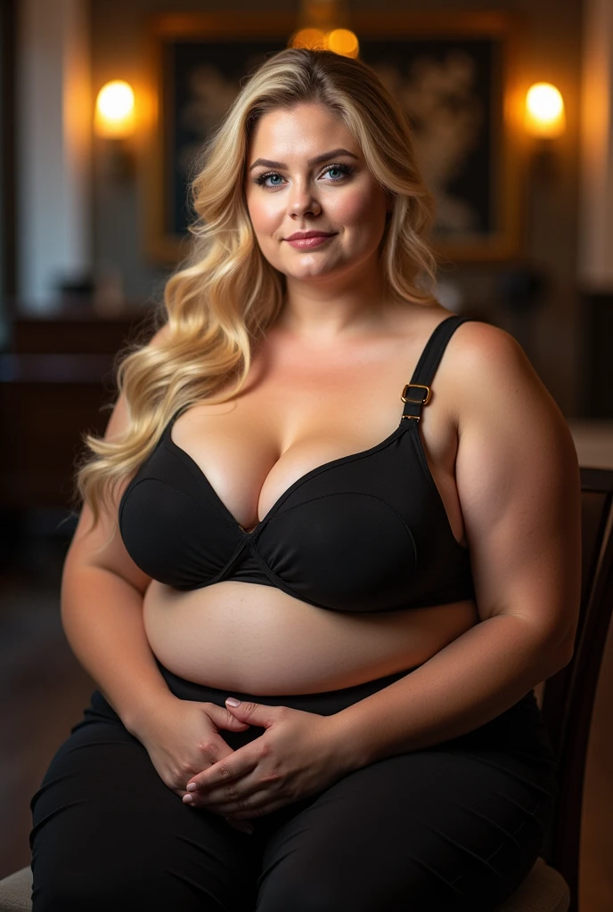 A 2 obese fat pale blonde blue eyed woman wearing a trashy top, proffessional light, photostudio, professional pose, sit on a chair