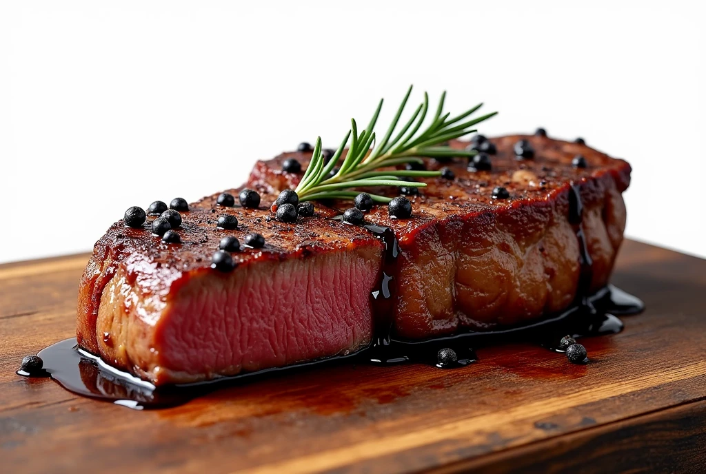 Create a hyper-realistic, clean image of a steak with a hot, fresh appearance. The steak should have a rich black pepper sauce on top, with some of the sauce dripping down the sides. The steak is placed on a rustic wooden surface, but ensure the final image features a plain white background for clarity and focus. Use medium contrast to highlight the textures and details of the steak and sauce, ensuring a visually striking and appetizing presentation.