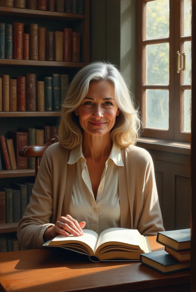 A 5 blonde woman reading a book and happy. She is blonde and half gray and is also a librarian.