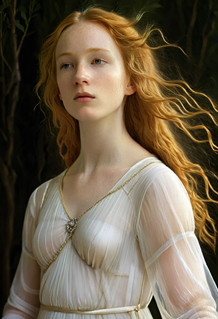 A delicate tableau: a lone girl, her long ginger locks flowing like a river of silk, wears a pristine white dress that seems to shimmer with an ethereal glow. The fabric appears almost translucent, like gossamer, as if the very essence of light has been woven into its fibers, showing her delicate nipples. She stands solo against a soft focus backdrop, her gaze cast downward, lost in thought, surrounded by an aura of innocence and vulnerability.