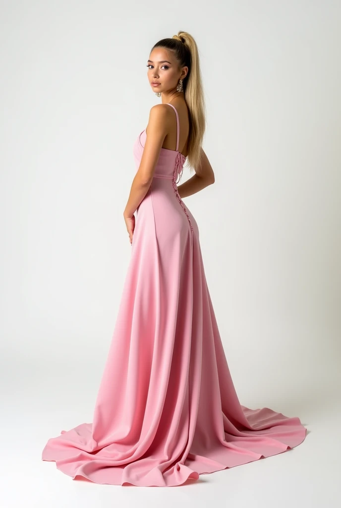 Ariana 2020, posing on a white background, wearing a very elegant and long pink dress, ponytail, blonde hair with brown roots, blonde bangs, full body 
