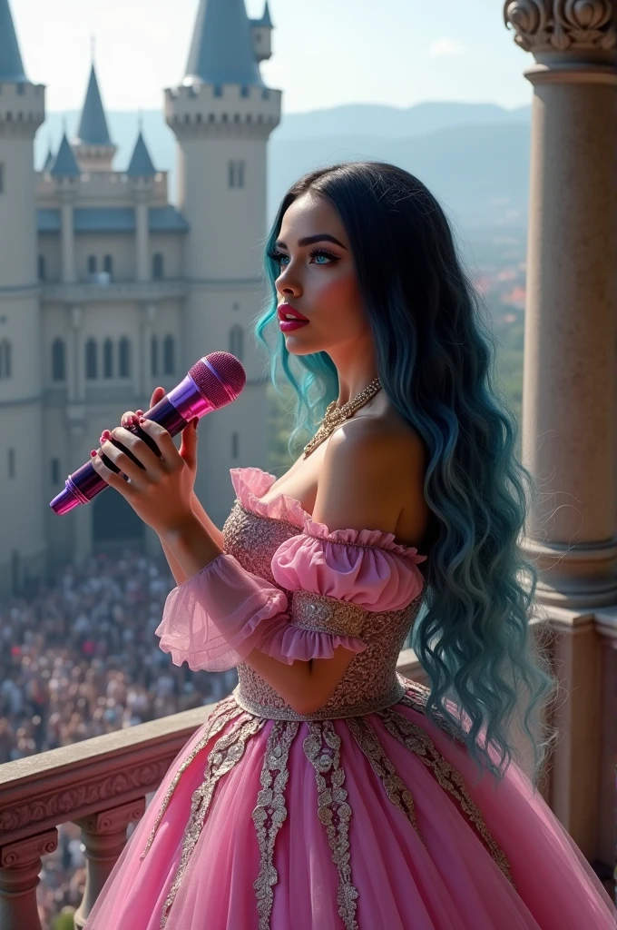  Full view Caucasian-Hispanic mix women, with deep wave long curls smooth finish black hair with, light blue, teal, and blonde combined together blue eyes, Instagram model, black makeup long lashes, big lips, red lipstick nose pierced 30k wearing medieval queen dress in pink and pure standing on a balcony of a castle singing to a crowd below holding a pink and purple microphone