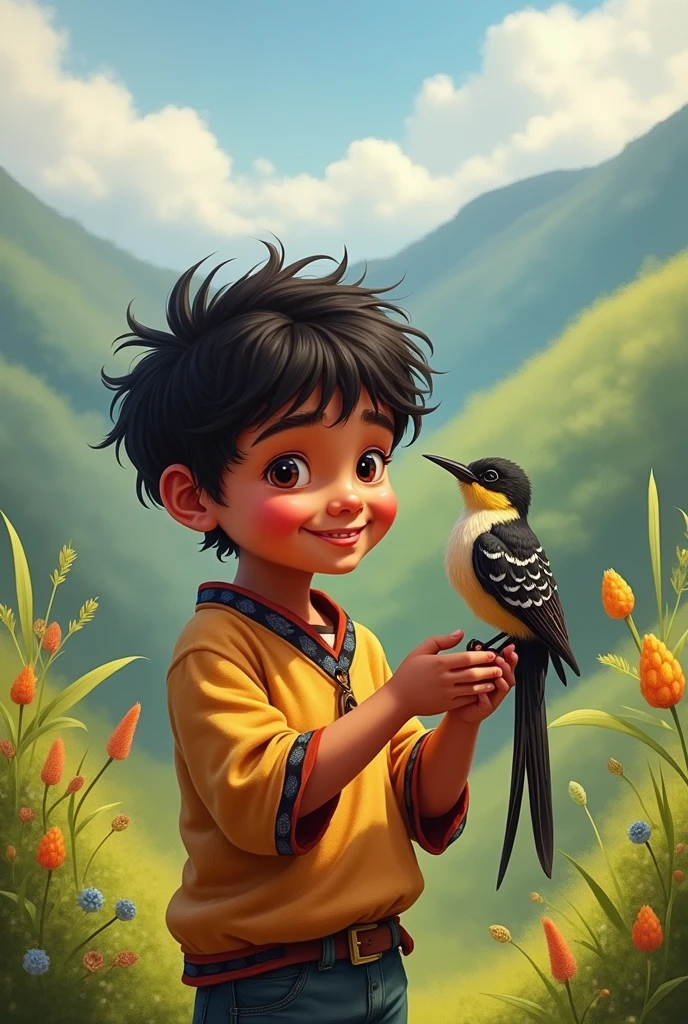 Peruvian boy playing with the bird Mimus longicaudatus