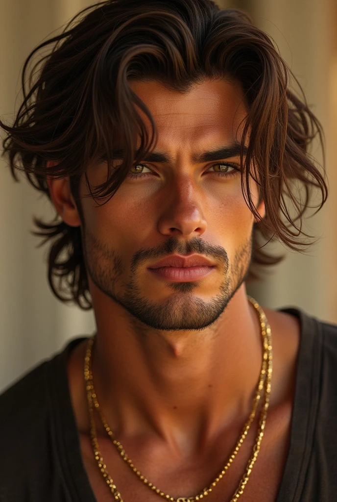 Beautiful handsome man with wavy hair to ssmooth hair in browns warmer side and sharp features and is wearing minimal gold jewelert like a bangle or a super simple chain shirtless trying to make eye contact seductively