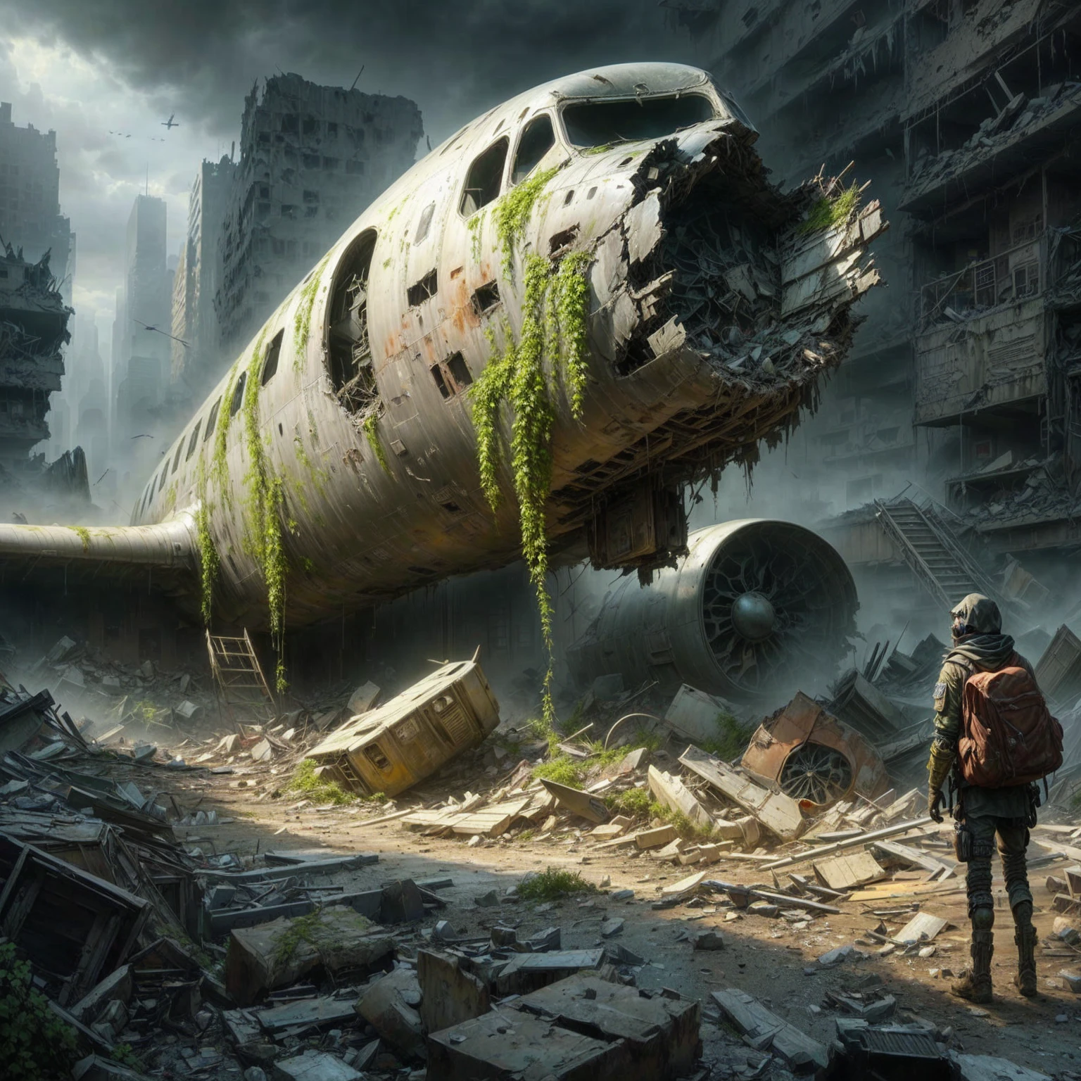 crashed airplane sitting on top of a pile of rubble in a city, apocalyptic art, abandoned flying future city, in a post-apocalyptic wasteland, dystopin future, post apocalyptic world, digital concept art of dystopian, post apocalyptic atmosphere, post apocalyptic new york, post apocalyptic scene, in the apocalyptic future, highly realistic concept art, post-apocalyptic