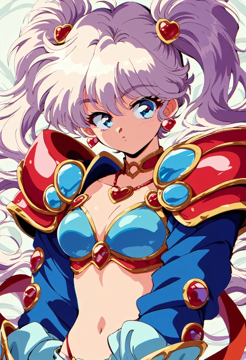 "(Yag:1.1), score_9, score_8_superior, score_8, japan anime, retro anime style, anime screencap, anime coloring, One girl, Twin tails, Exquisitely detailed body, Sexy Face, Bikini Armor, Shoulder pads, heart jewelry, sleeve, Sexy pose, View your viewers