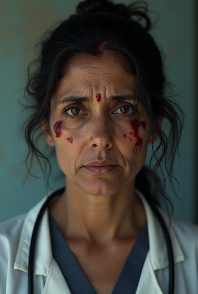 INDIAN LADIES DOCTOR IN SAD WITH SOME BLOOD ON HER FACE PORTRAITS REALISTIC 1.6
