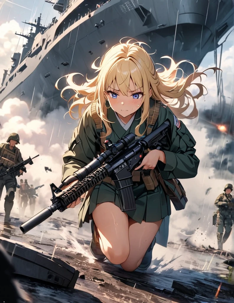 (anime)、(masterpiece:1.2),Atmospheric perspective,Lens flare、Fog of Battlefield、Crash, Makes the world look grey、When it rains, The female soldier is crouching.。With an irritated look on his face, he vows revenge..。Rain-soaked hair、blonde、blue eyes、Space Battleship Yamato、Traces of fierce fighting are everywhere、Smoke rising from everywhere、A work of blurry color M4 Carbine，Possession of a gun